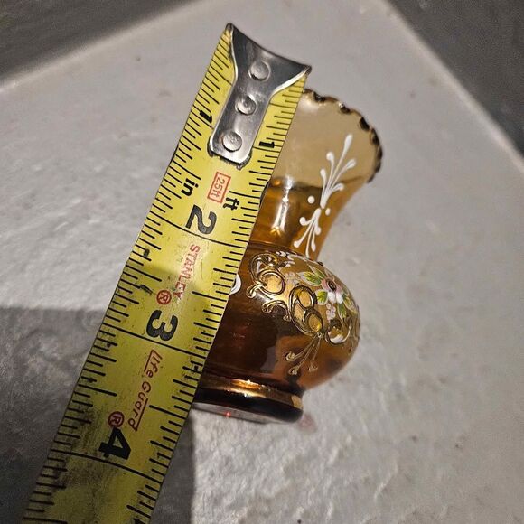 Bohemian Hand Blown Hand Painted Gold Rimmed Amber 3.5" Vase - Picture 6 of 10